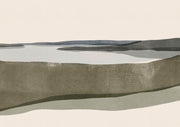Abstract layered landscape print with muted charcoal, olive and beige horizontal bands depicting water and hills