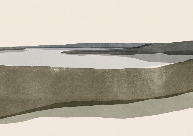 Abstract layered landscape print with muted charcoal, olive and beige horizontal bands depicting water and hills