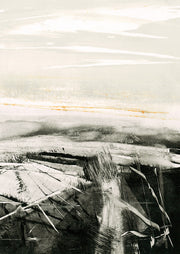 Abstract black and white landscape with gold horizon line and textured dark field marks