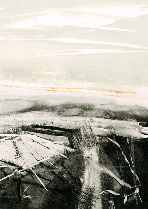 Abstract black and white landscape with gold horizon line and textured dark field marks