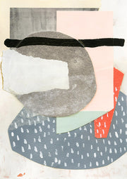 Abstract paper collage with torn shapes in gray, blush, red and dotted blue-gray tones