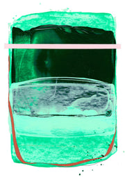 Abstract painting with layered green tones, a dark band, a pink horizontal line and a red curved edge line