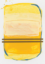 Abstract painting of a yellow rounded rectangle with a blue outline and two brown horizontal bars