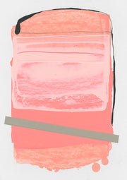 Abstract artwork with coral field, pale pink rectangle, black arc line and diagonal grey bar.