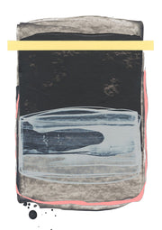 Abstract artwork with black, grey, coral and yellow layered rectangular forms