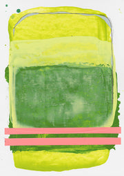 Abstract print with chartreuse and green rounded shape and two coral pink stripes