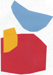 Abstract geometric artwork with blue arc, red polygon and yellow wedge shapes