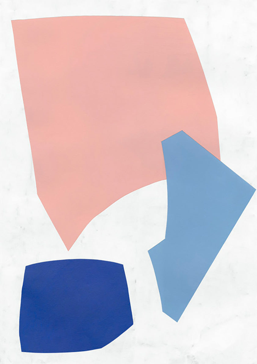 Abstract print with pink, blue and navy geometric shapes on a pale background