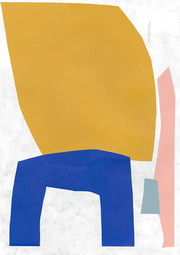 Abstract collage with mustard curved form, blue arch shape and pink sliver on marbled background