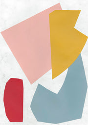 Abstract print with overlapping pink, yellow, blue and red geometric shapes
