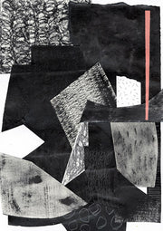 Abstract black and white paper collage with textured shapes and a coral vertical strip