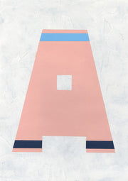 Large geometric letter A in pink with blue and navy stripes on a textured white background