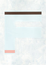 Abstract artwork with a pale blue letter-like form, brown band and pink block on a textured white background