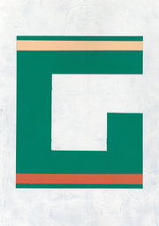 Abstract geometric artwork of a green letter G with beige and orange stripes on a textured white background