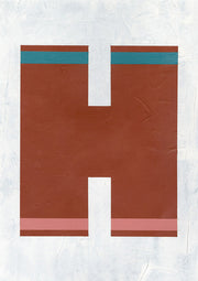 Abstract letter H in rust brown with teal and pink stripes on a pale textured background