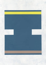 Abstract geometric artwork with a navy block shape, yellow top band and taupe base stripe on textured white