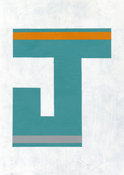 Stylised teal letter J with orange and grey stripes on a textured white background