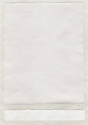 Torn neutral paper layers with deckled edges and a pale horizontal band