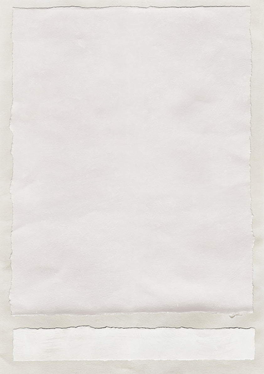 Torn neutral paper layers with deckled edges and a pale horizontal band