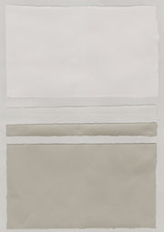 Torn paper colorblock artwork with horizontal bands of white and grey-beige tones