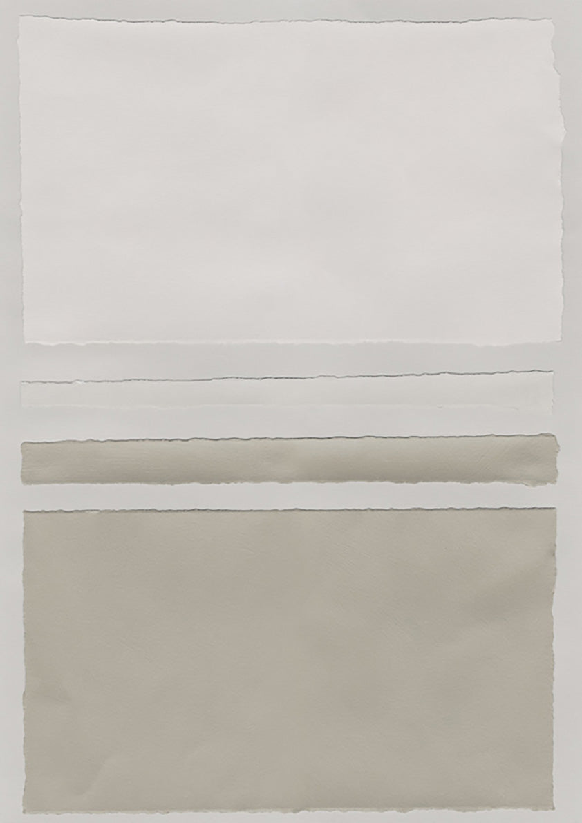 Torn paper colorblock artwork with horizontal bands of white and grey-beige tones