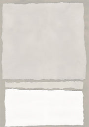 Abstract artwork of stacked torn-paper rectangles in neutral grey and white tones