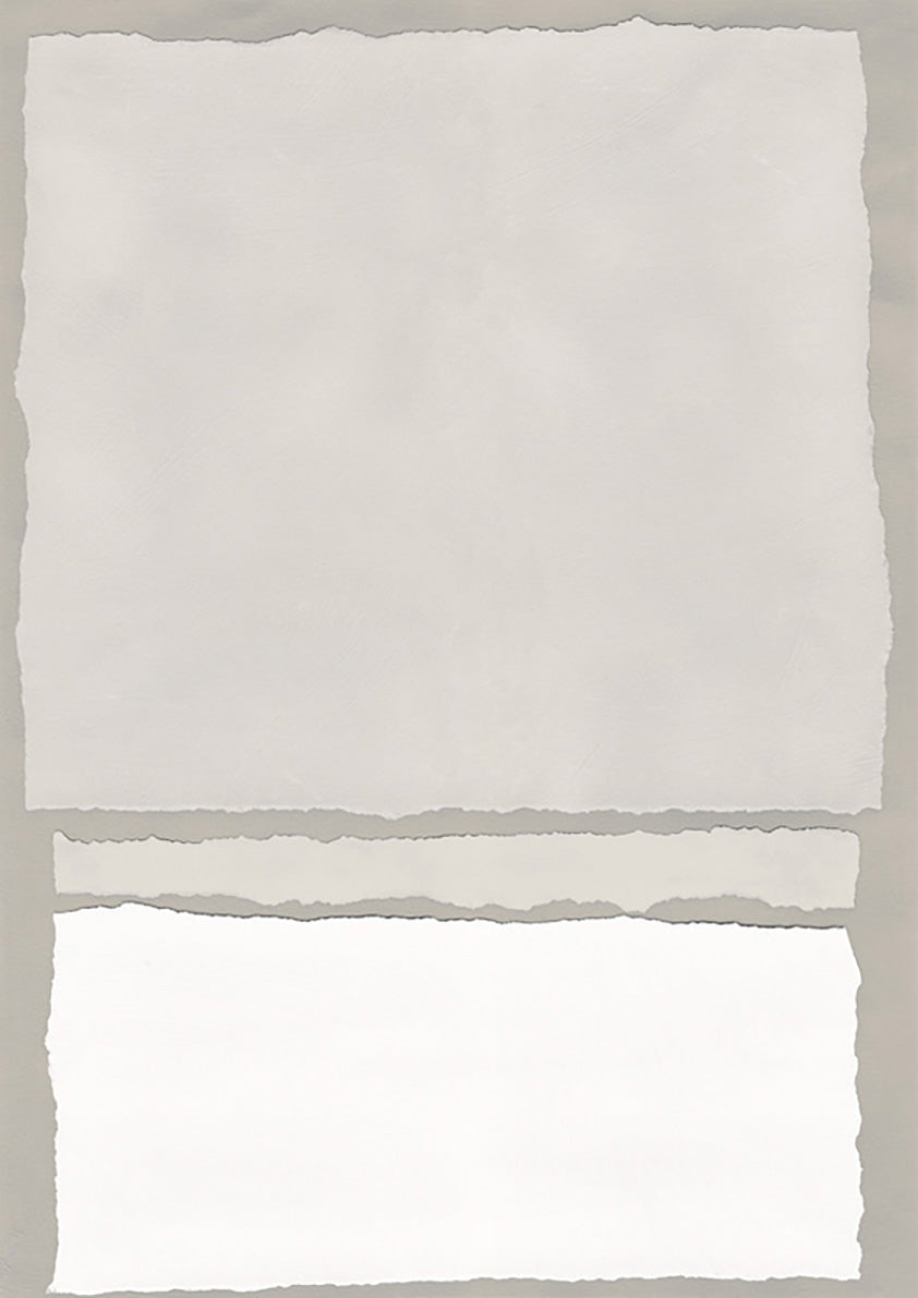 Abstract artwork of stacked torn-paper rectangles in neutral grey and white tones