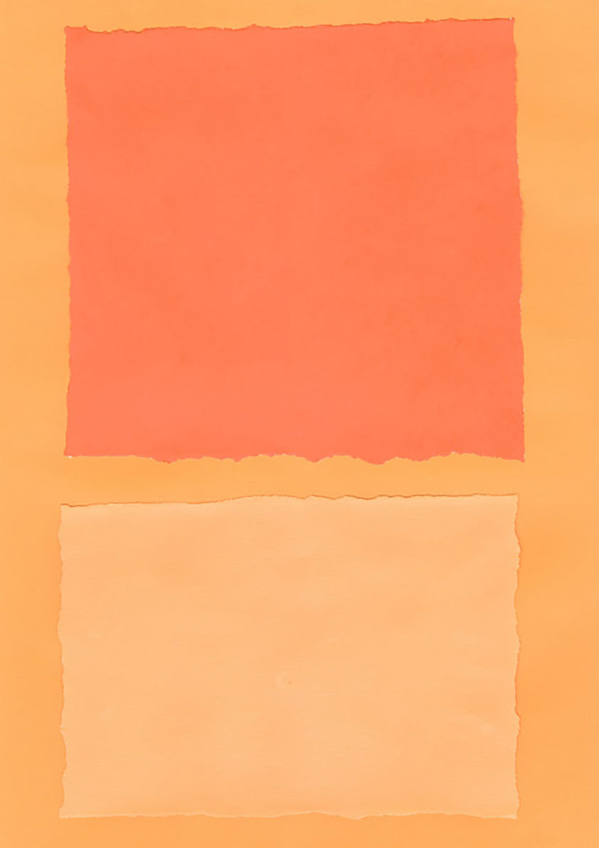 Abstract artwork with two torn-edged rectangles in coral orange and apricot on a peach background