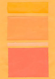 Abstract print with stacked horizontal bands in orange, apricot and coral red on a gold ground
