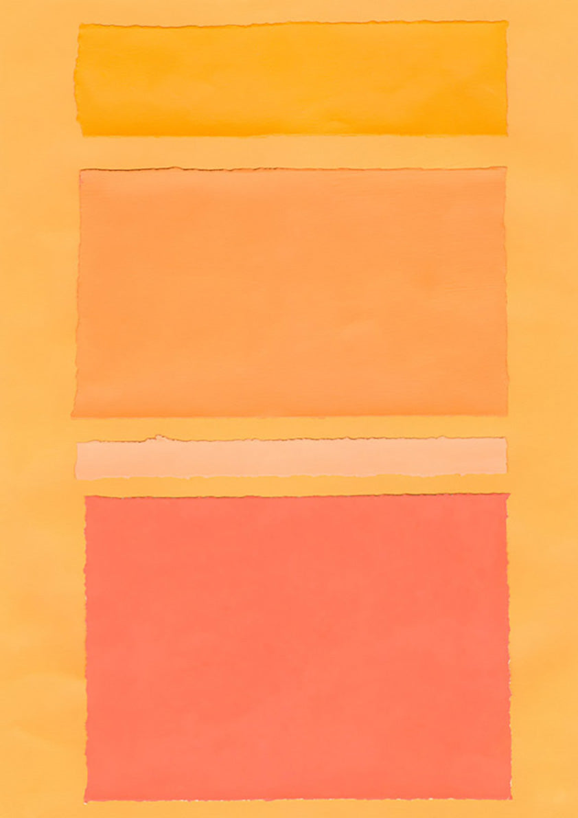 Abstract print with stacked horizontal bands in orange, apricot and coral red on a gold ground