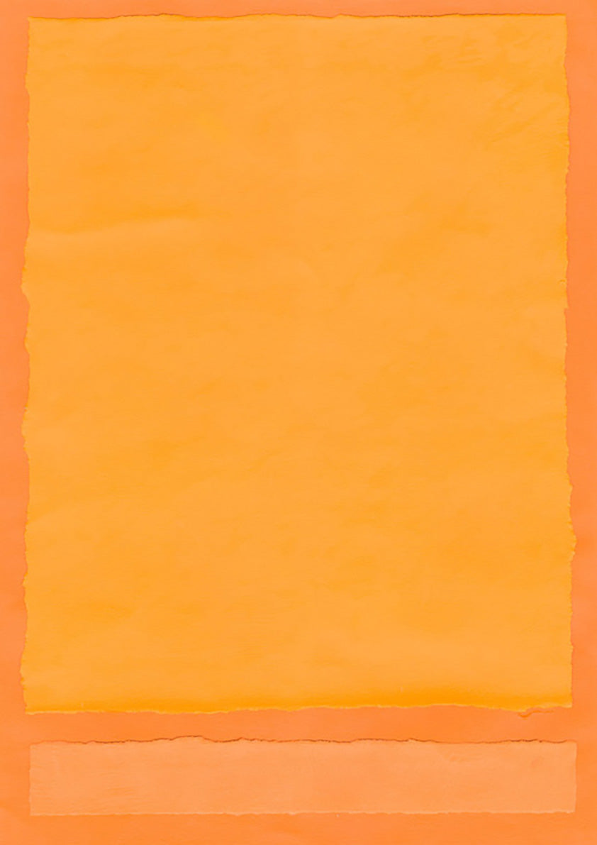 Abstract artwork in layered tangerine and orange tones with torn paper-style edges