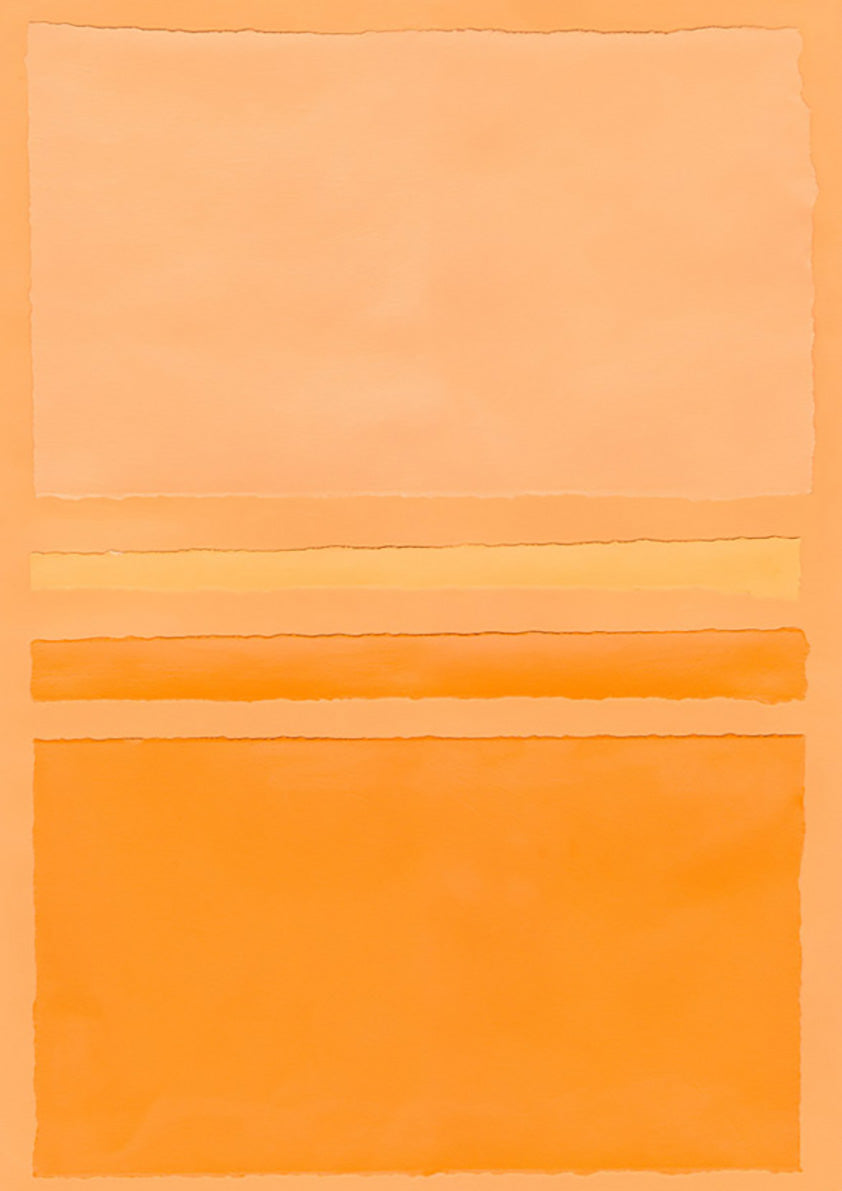 Abstract artwork with horizontal orange and peach bands and torn paper edges