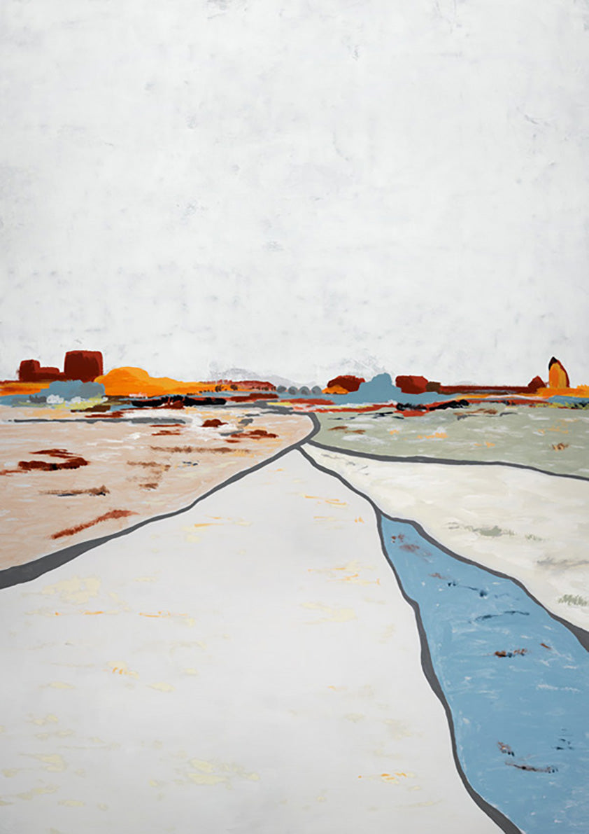 Stylized landscape painting with ochre, terracotta and blue shapes forming a winding path under a pale textured sky.