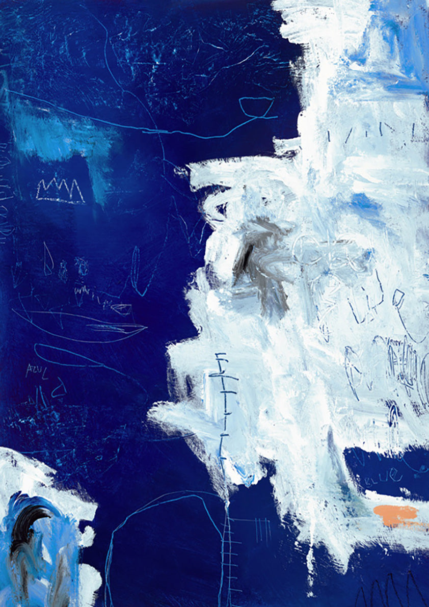 Abstract painting with thick white brushstrokes over a deep indigo background and fine scratched line marks