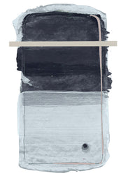 Abstract artwork with black and grey blocks, a beige bar and a thin pink outline