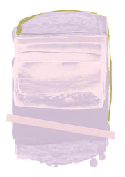 Abstract print with pale pink panel, mauve background, olive border and diagonal pink bar
