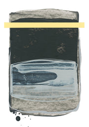 Abstract artwork with black panel, pale grey streaks, yellow band and textured grey border