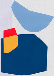 Abstract geometric print with navy, pale blue, red and yellow flat shapes on grey