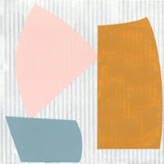 Abstract geometric artwork with pink, blue-gray and mustard orange shapes on a striped pale background