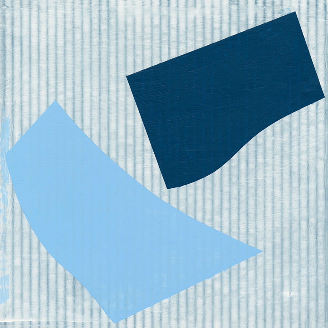 Abstract painting with navy and light blue geometric shapes on a striped pale blue background