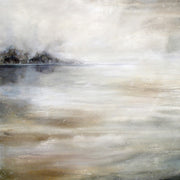 Misty lake landscape painting with distant treeline and soft neutral tones