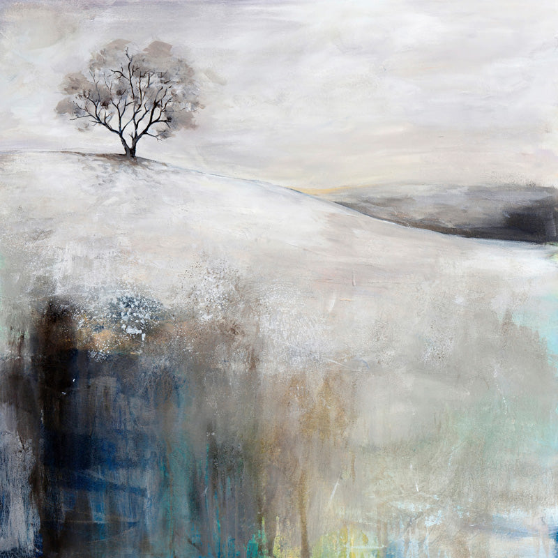 Painting of a bare tree on a snowy hill with a muted grey and blue winter palette