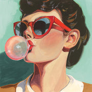Illustration of a woman in red sunglasses blowing a pink bubblegum bubble against a teal background
