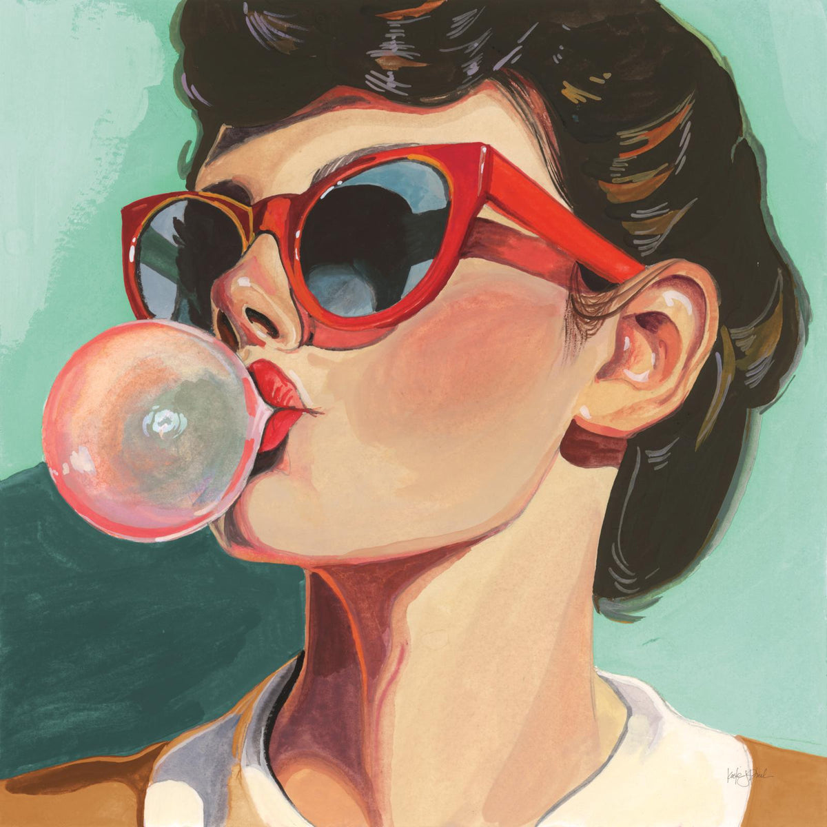 Illustration of a woman in red sunglasses blowing a pink bubblegum bubble against a teal background