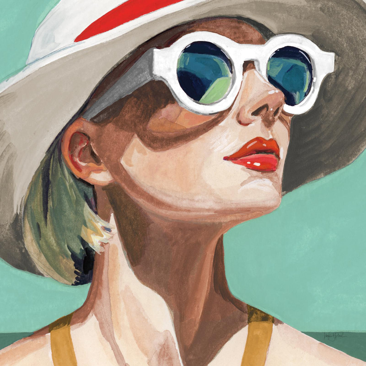 Portrait of a woman in a wide hat and round white sunglasses against teal background