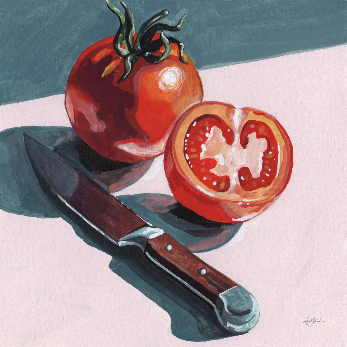 Illustration of a whole tomato, a sliced half, and a kitchen knife on a pink and grey background