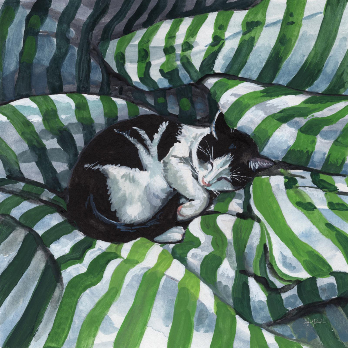 Painting of a black and white cat asleep on green and white striped bedding