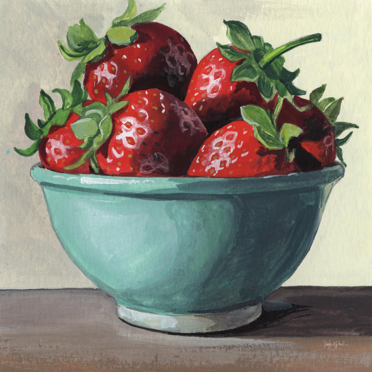 Painting of ripe strawberries in a teal bowl on a wooden table