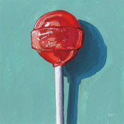 Painting of a red lollipop on a teal background with a dark shadow