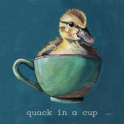 Watercolour duckling sitting inside a green teacup on a teal background with text quack in a cup